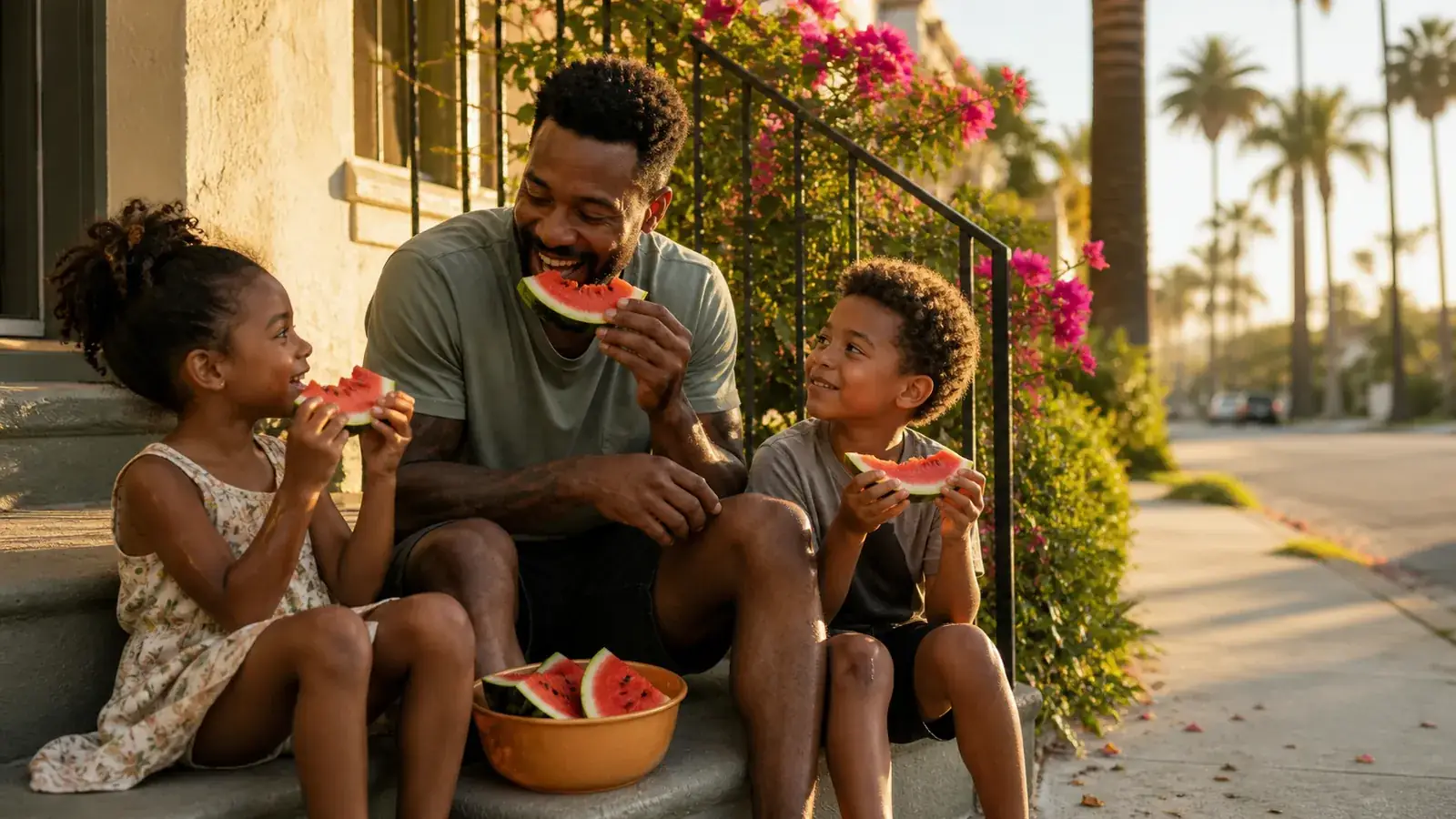 Father and two kids laughing over watermelon slices on sunny bungalow front steps