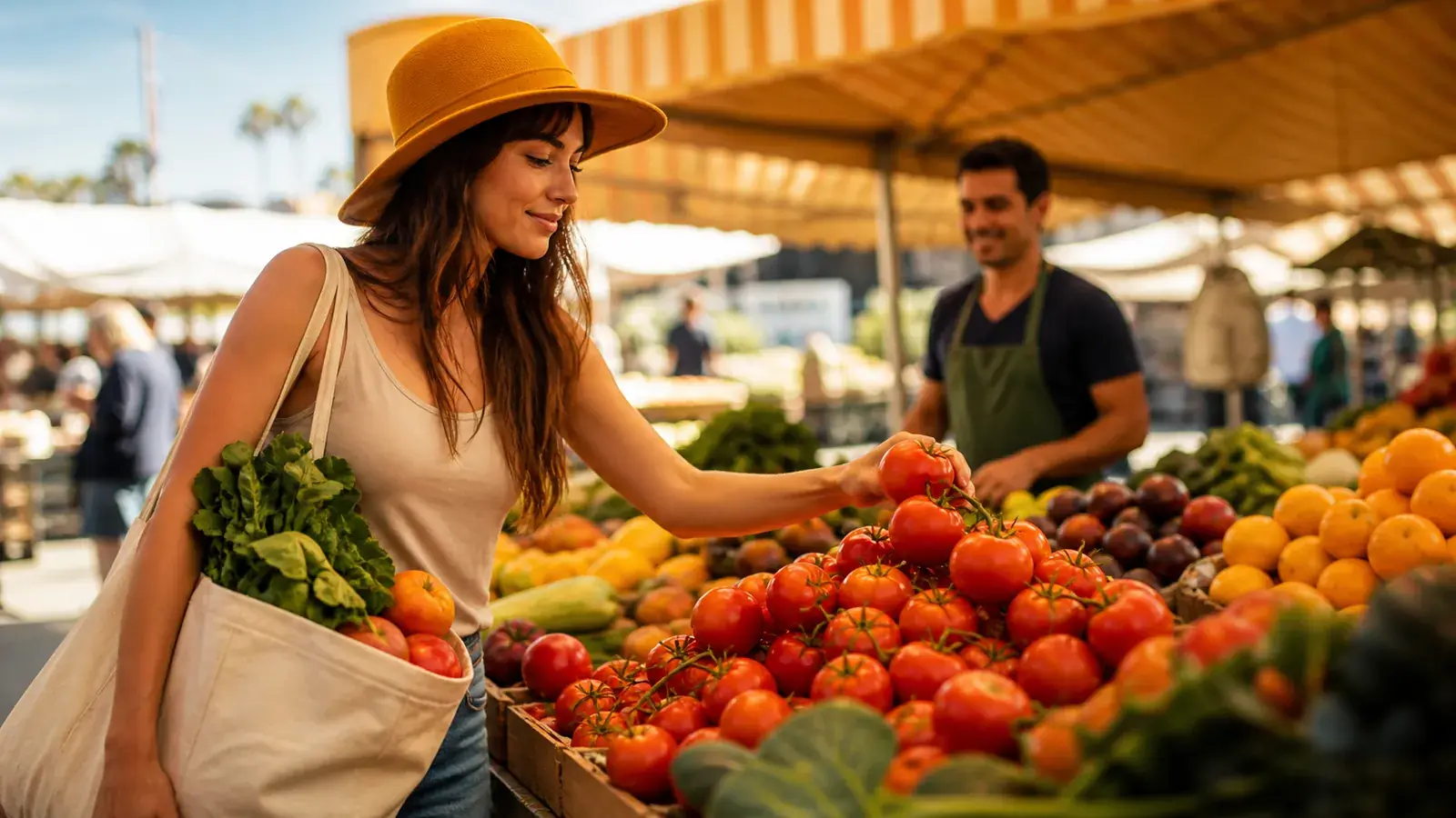 Woman in a sun hat picking tomatoes at a bright California farmers market stall