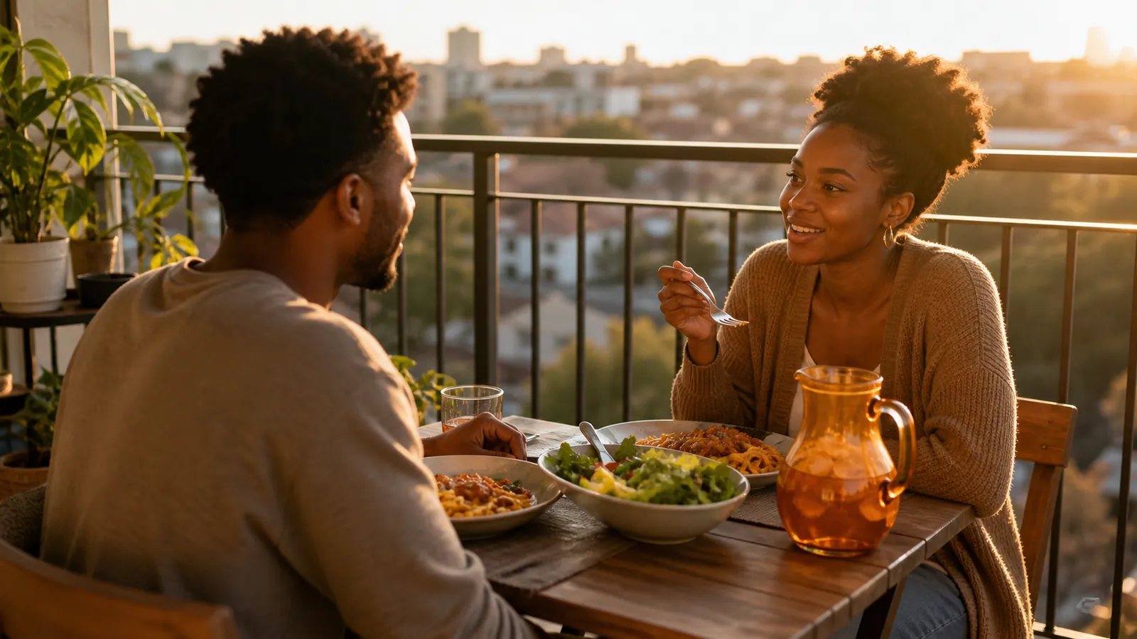 Young couple sharing a home-cooked dinner on their apartment balcony at golden hour