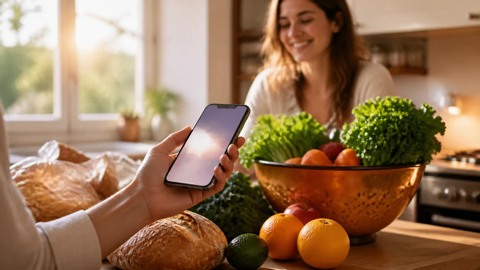 Phone held above a fresh grocery haul on a clean kitchen counter
