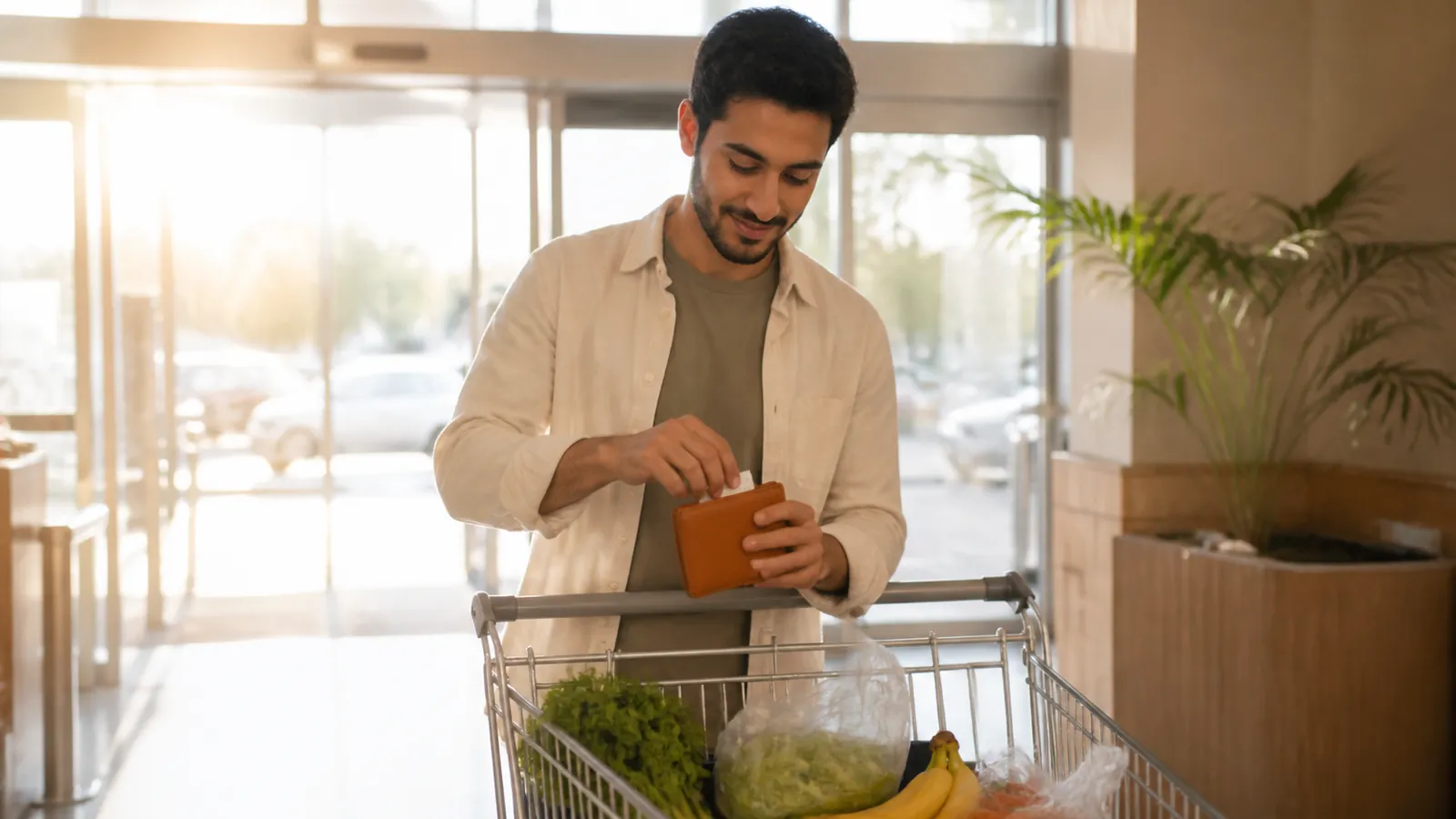 Young man tucking a receipt into his wallet at a bright supermarket exit with a full cart