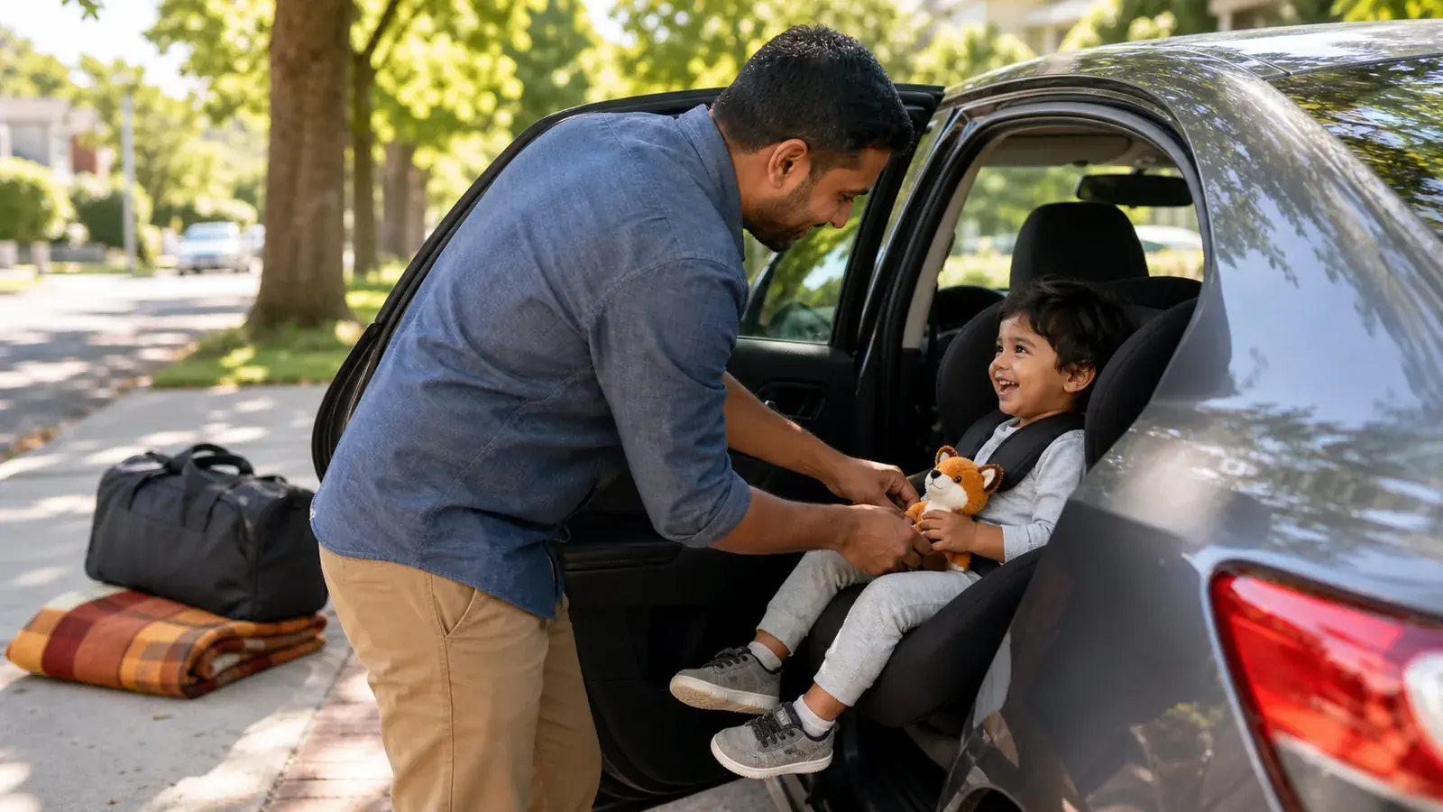 Father buckling his happy toddler into a car seat on a sunny residential street