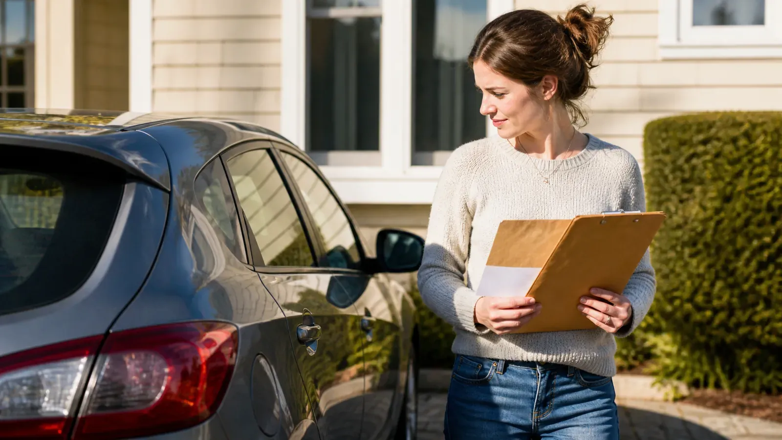 Woman comparing her insurance paperwork beside her clean hatchback in a sunny driveway