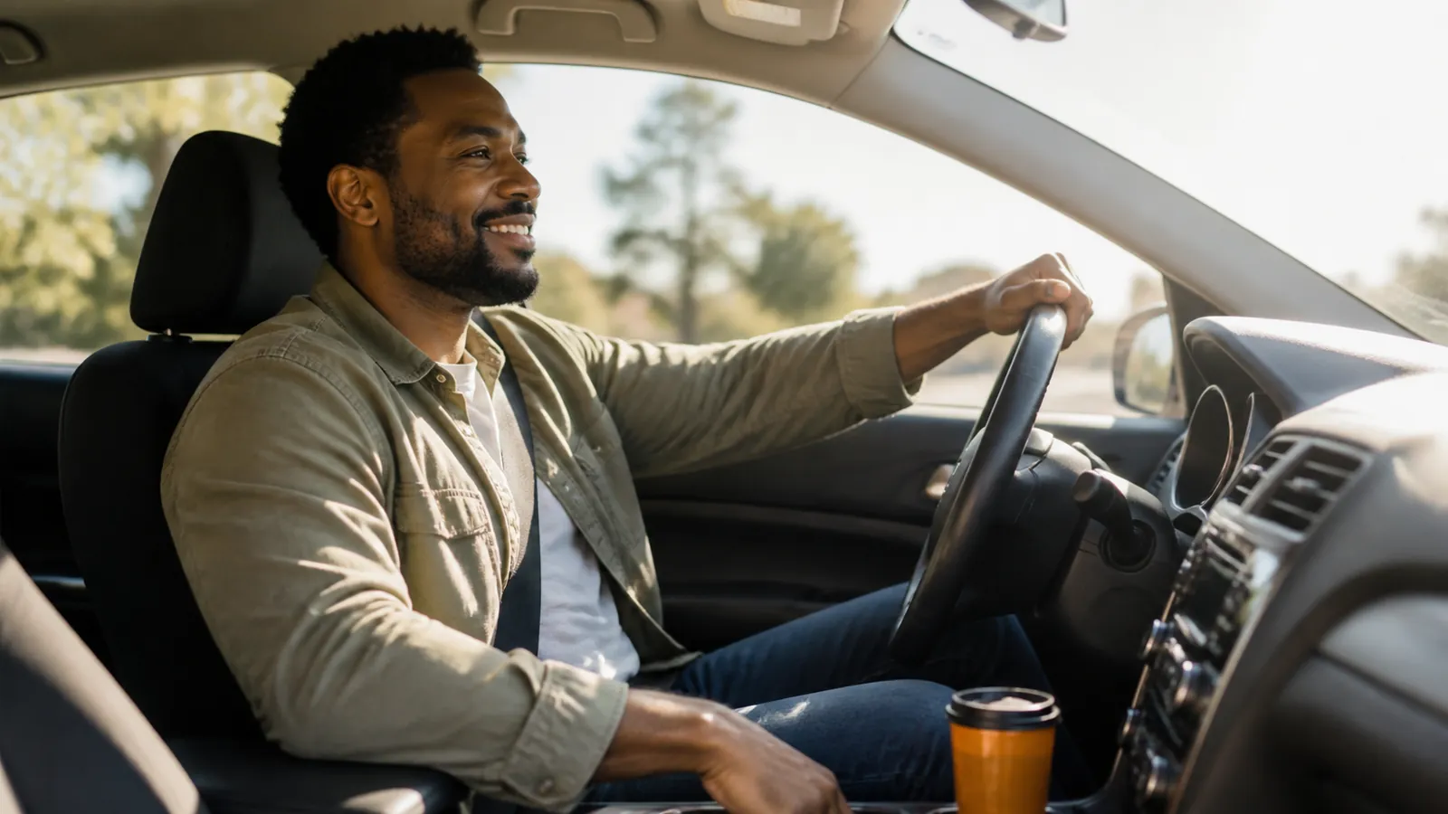 Smiling driver at the wheel of a modest, clean sedan in bright daylight