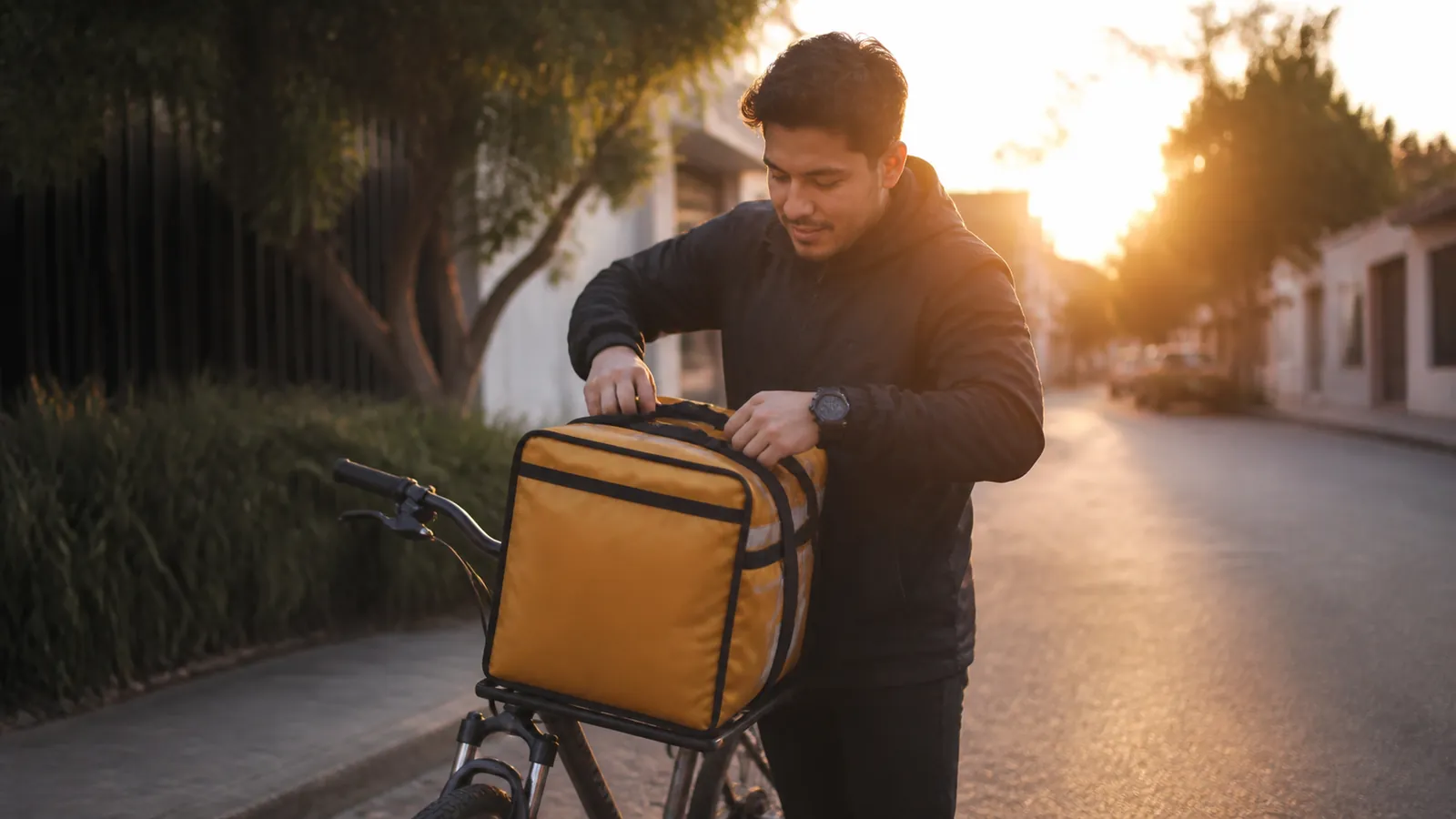 Young man loading an amber delivery bag onto his bicycle at golden hour