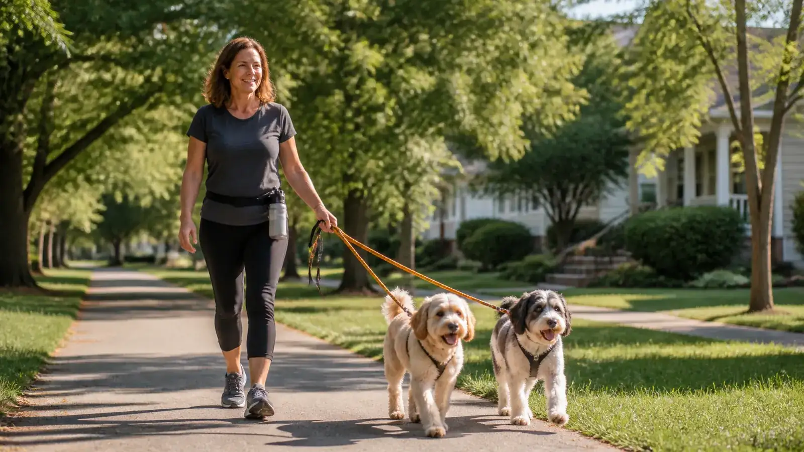 Dog walker striding along a sunny greenway with two happy dogs on a double leash