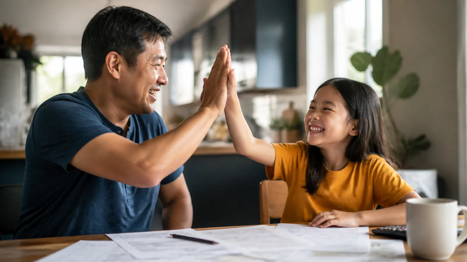 Father and daughter high-fiving over tax paperwork at the kitchen table