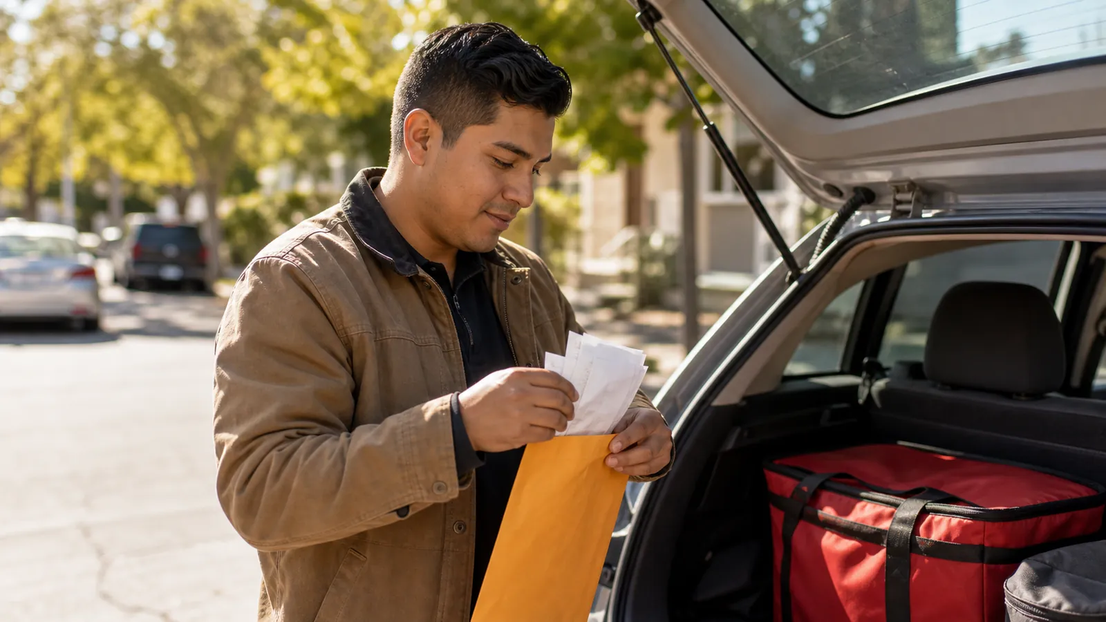 Delivery driver filing receipts into an envelope at his car trunk on a sunny street