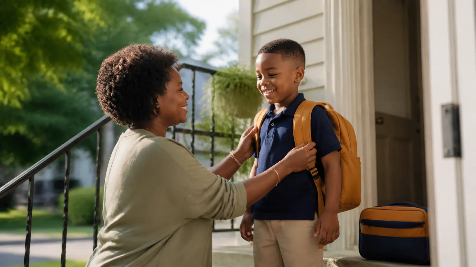Mother fitting a new amber backpack onto her smiling son on their front steps before school