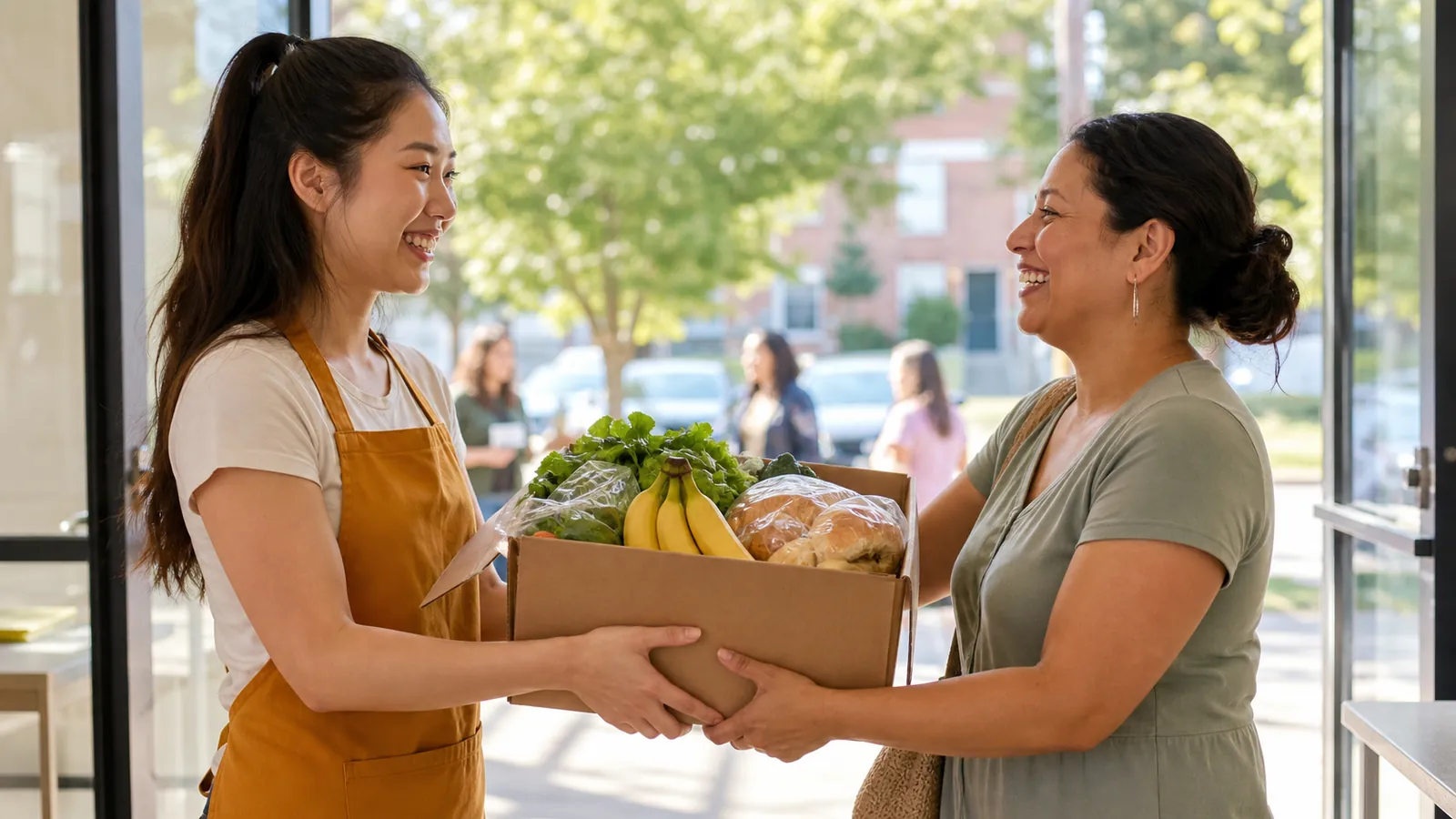 Volunteer handing a box of fresh groceries to a smiling woman at a bright community center door