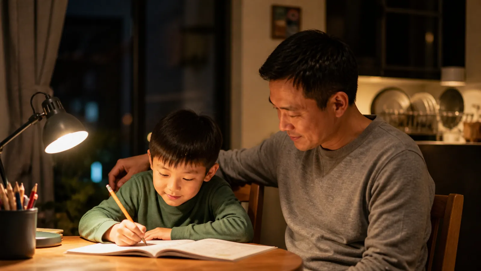 Father sitting with his son doing homework under a warm lamp on a calm evening at home