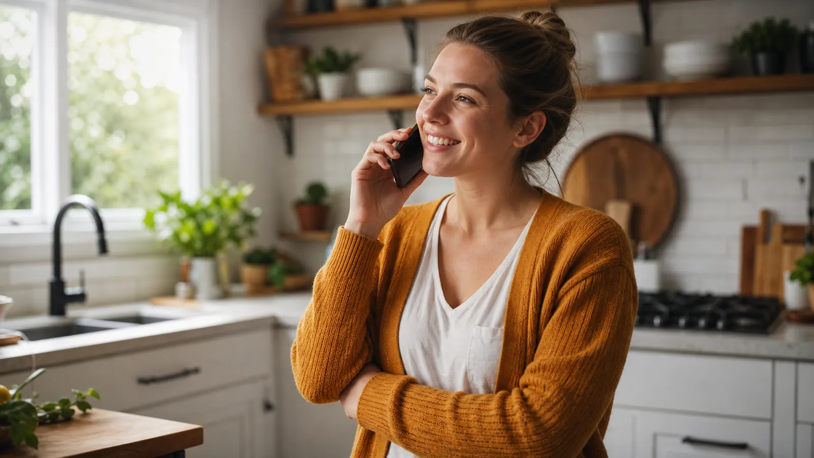 Young mother on a phone call in her kitchen, visibly relieved to find help
