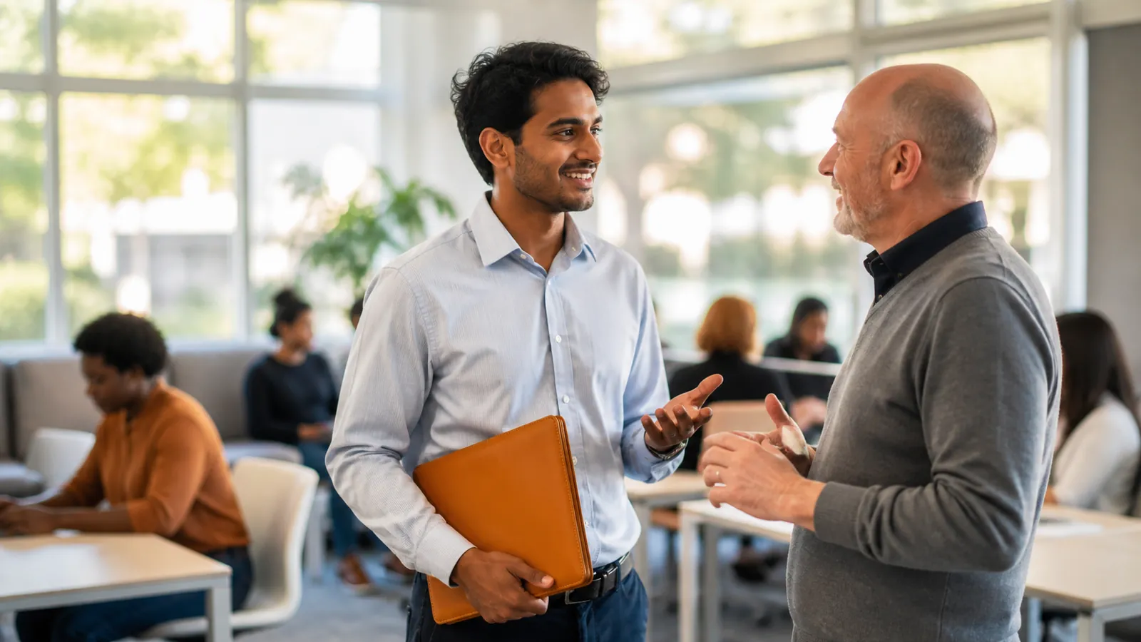 Young man talking with a friendly advisor at a bright community career center
