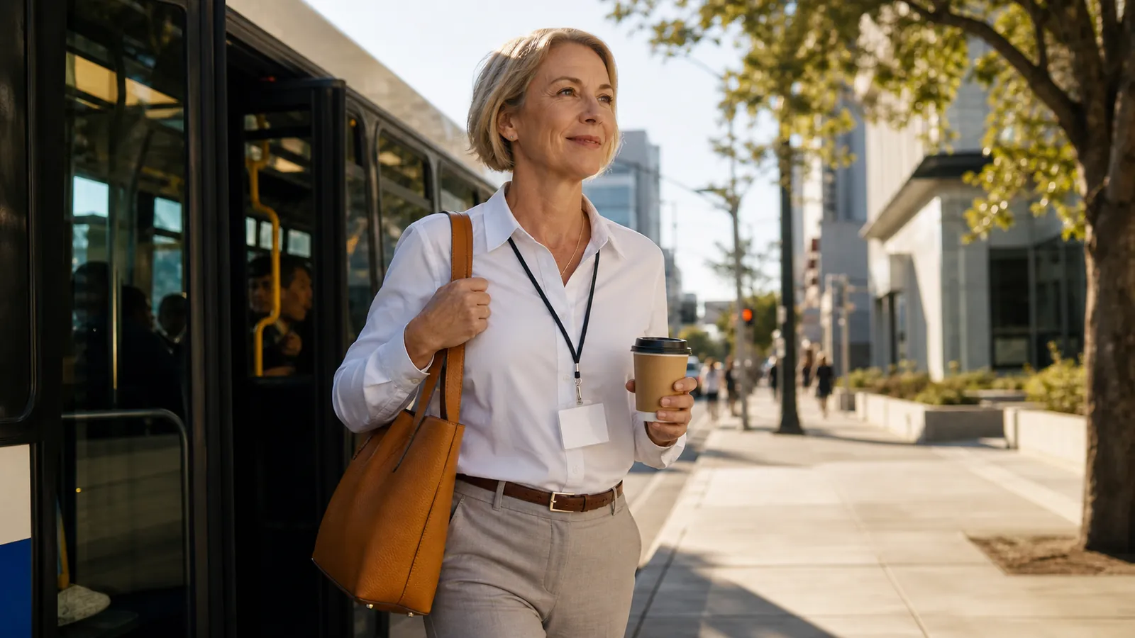 Woman in a crisp work shirt stepping off a morning bus on her way to a new job