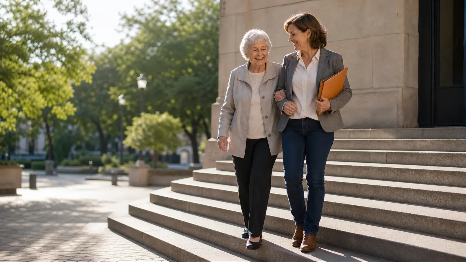 Two women descending sunny stone steps arm in arm with a folder, tax errand finished