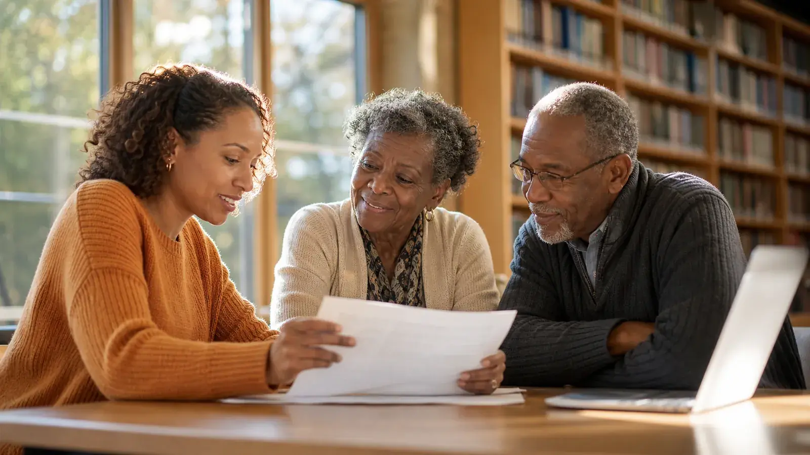 Volunteer helping an older couple with their tax return at a sunlit library table