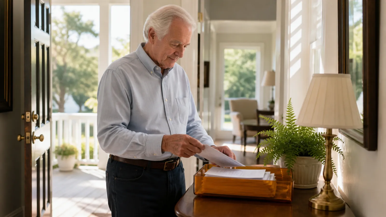 Older man sorting mail into a letter tray at a bright hallway console, calm and organized