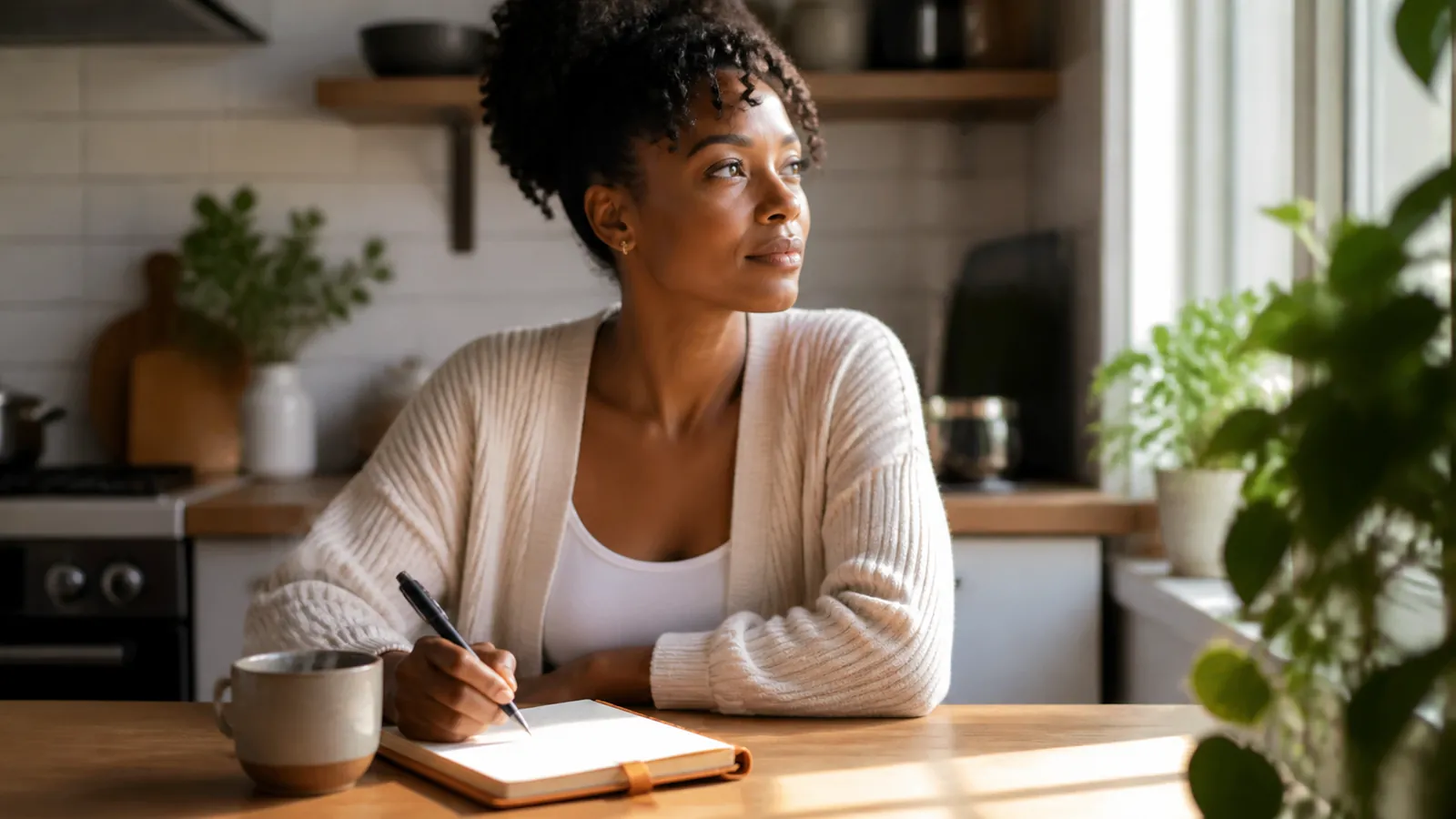 Woman writing a morning plan in a notepad at her kitchen table with coffee, calm and focused
