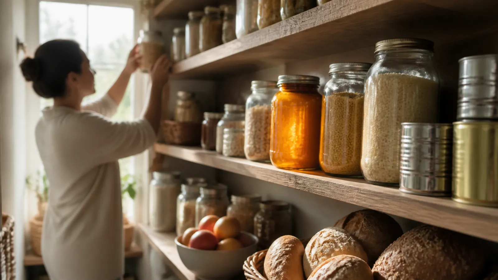 Neatly stocked pantry shelves in warm light as a woman places the last jar, essentials covered