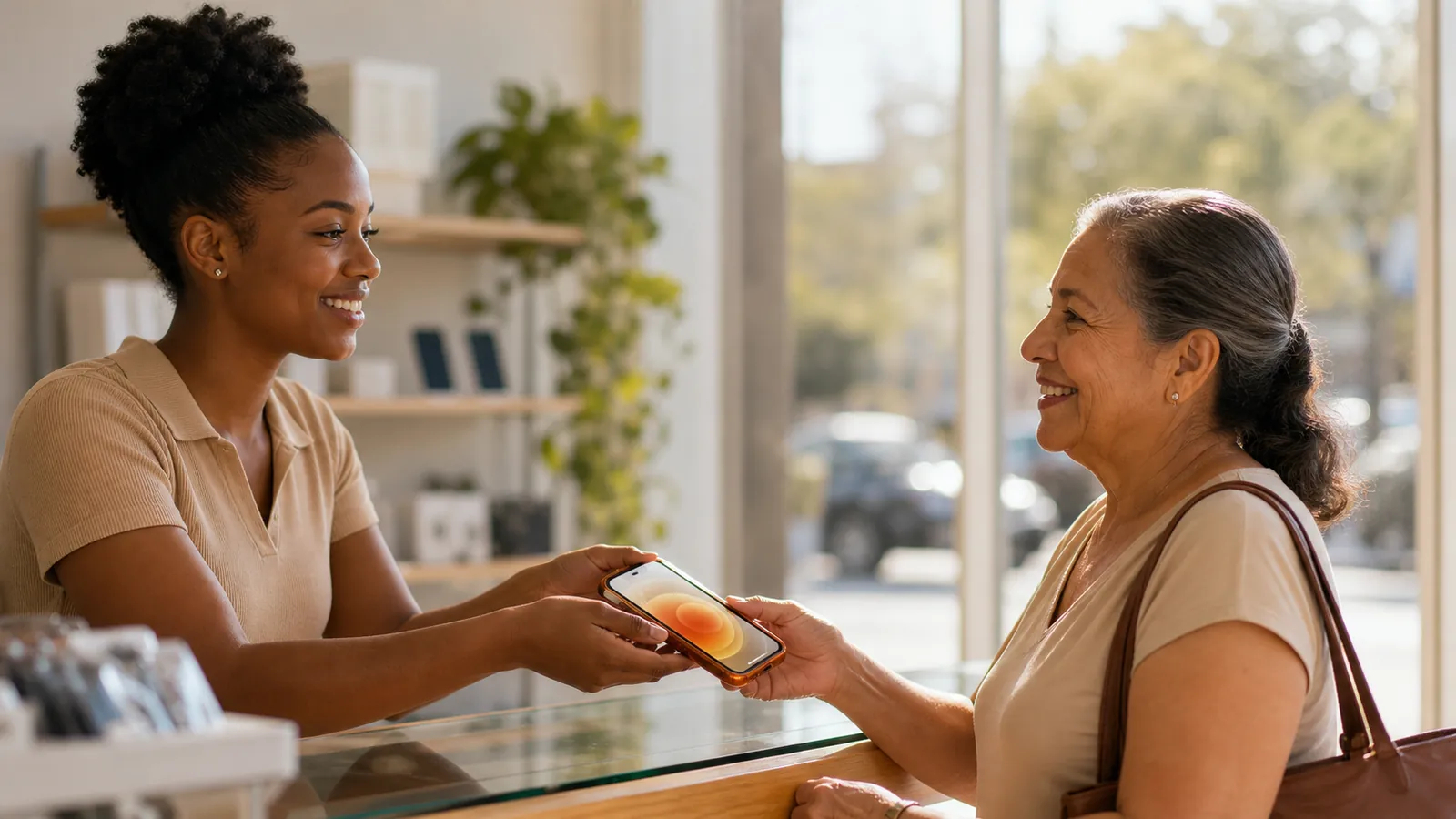 Clerk handing a simple smartphone across a counter to a smiling older woman