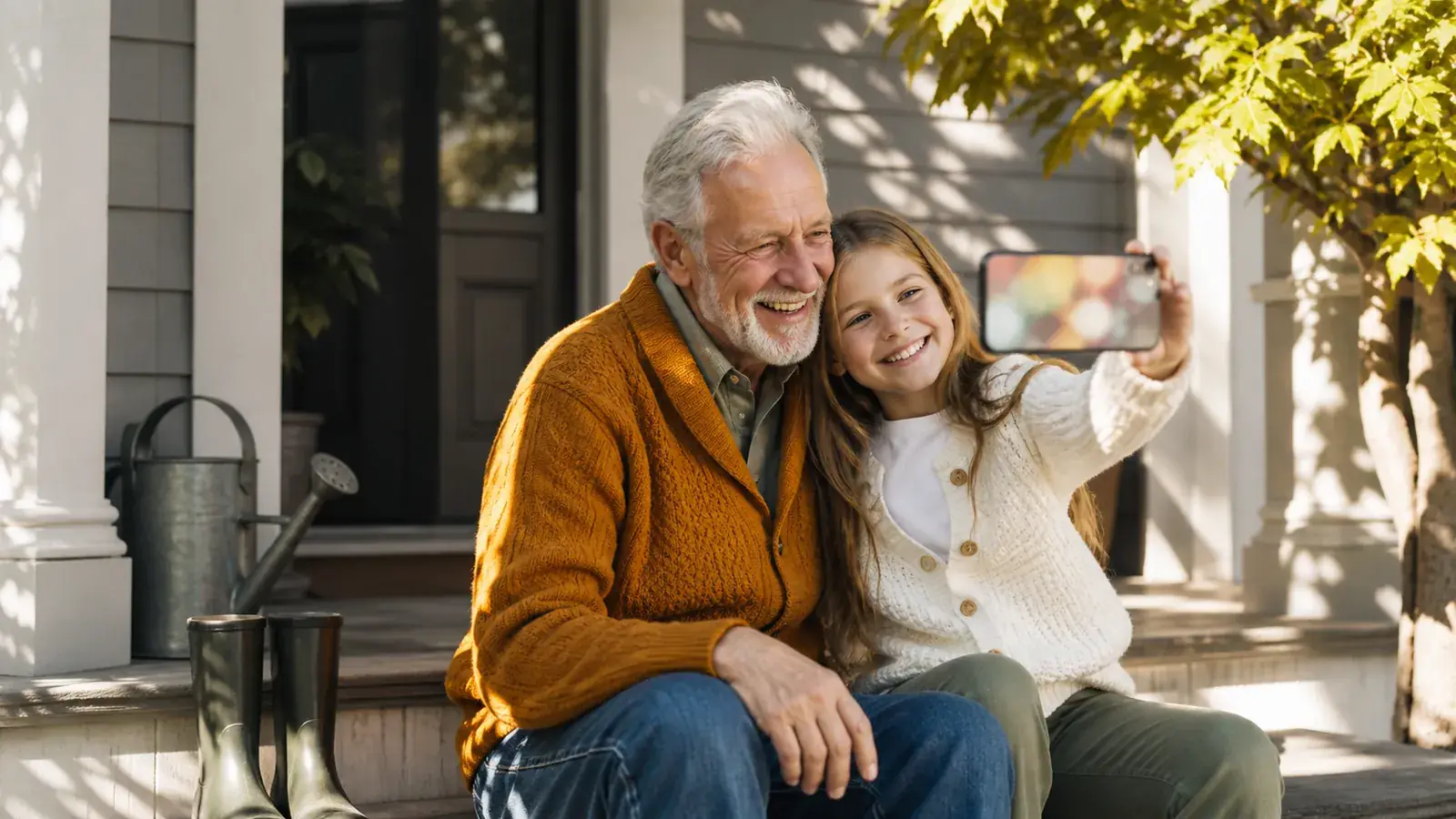 Grandfather and granddaughter laughing as they take a photo together on sunny porch steps