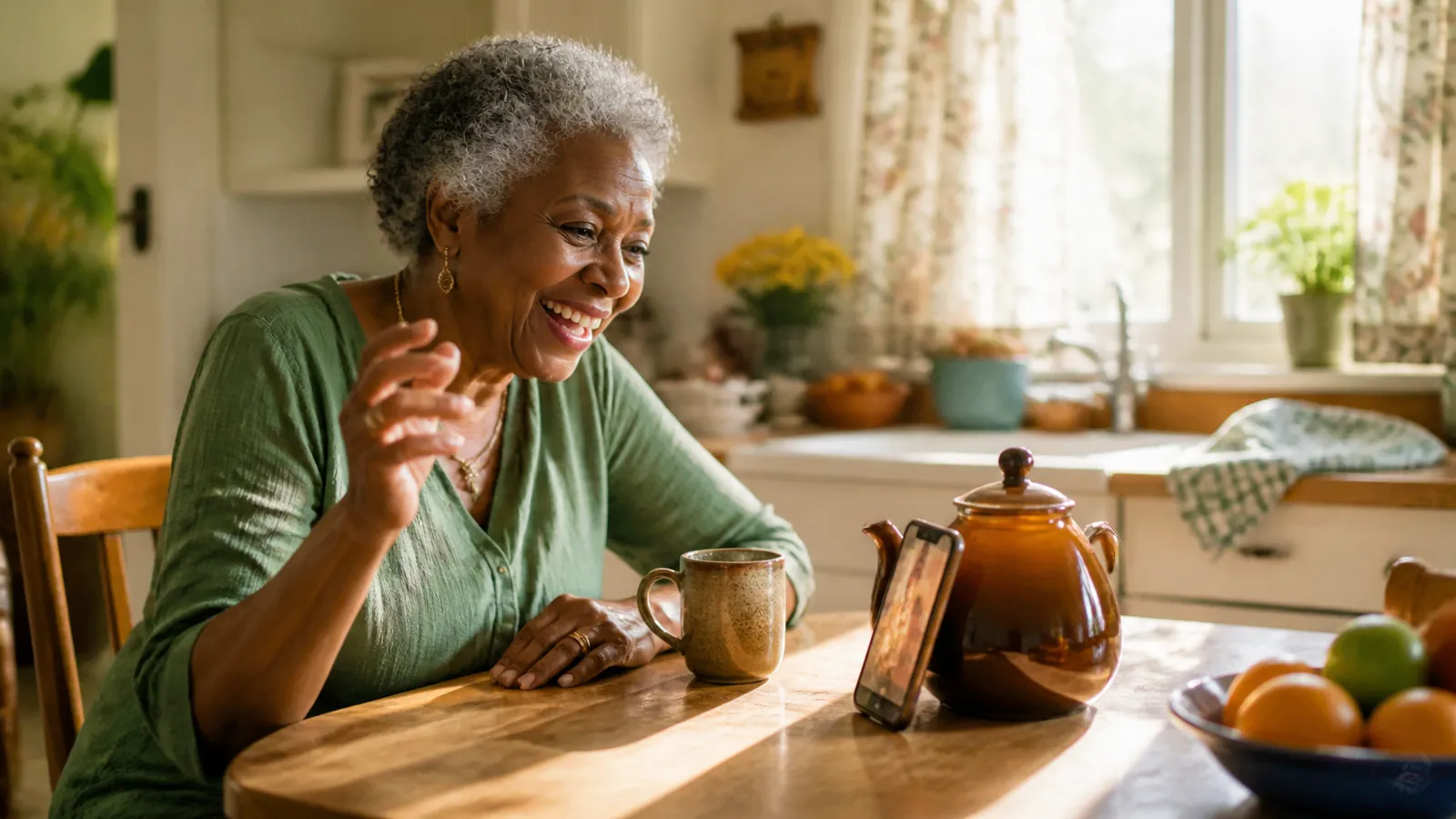 Older woman laughing on a video call at her sunny kitchen table