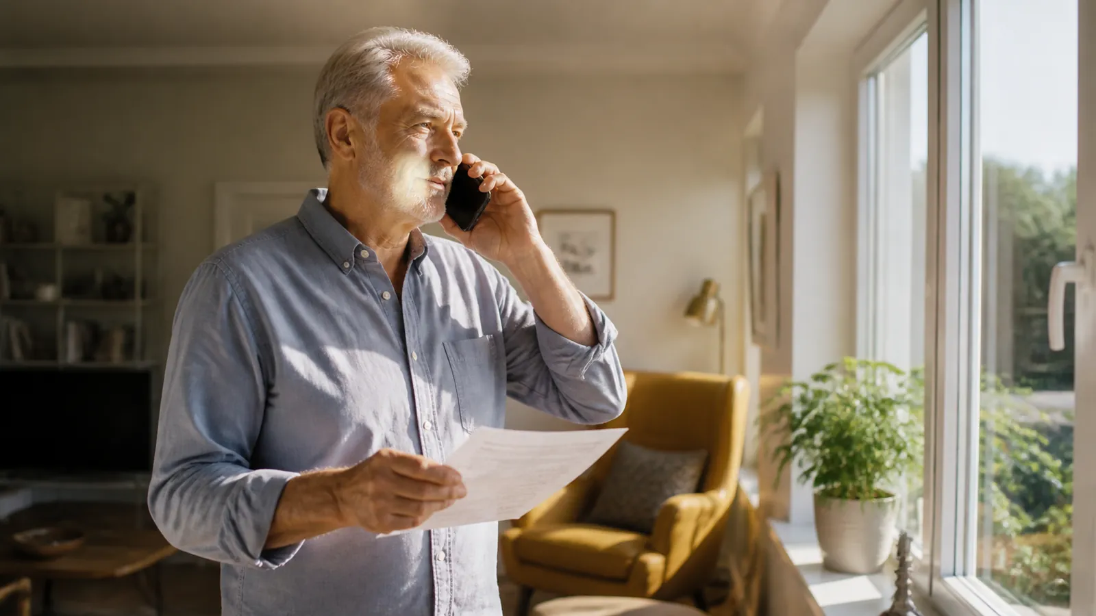 Man on the phone at a sunny living room window, bill in hand, arranging a payment plan