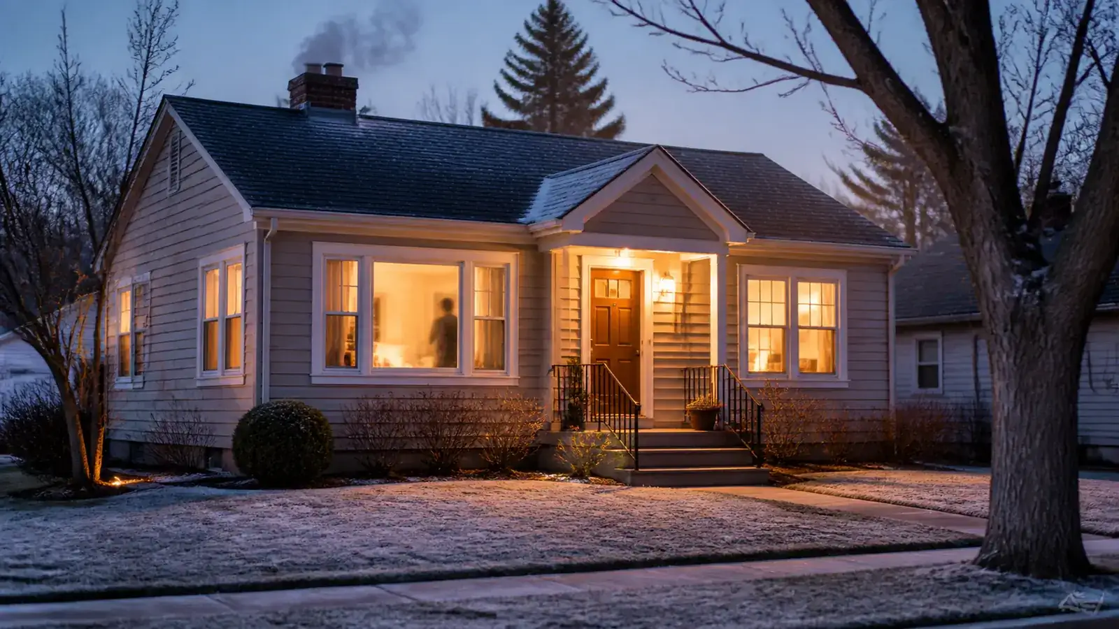 Small tidy house at winter dusk with every window glowing warm and the porch light on