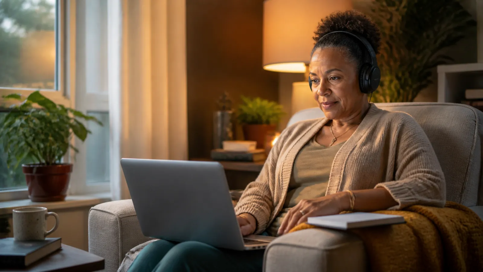 Woman with headphones taking an online class from a cozy armchair in evening light