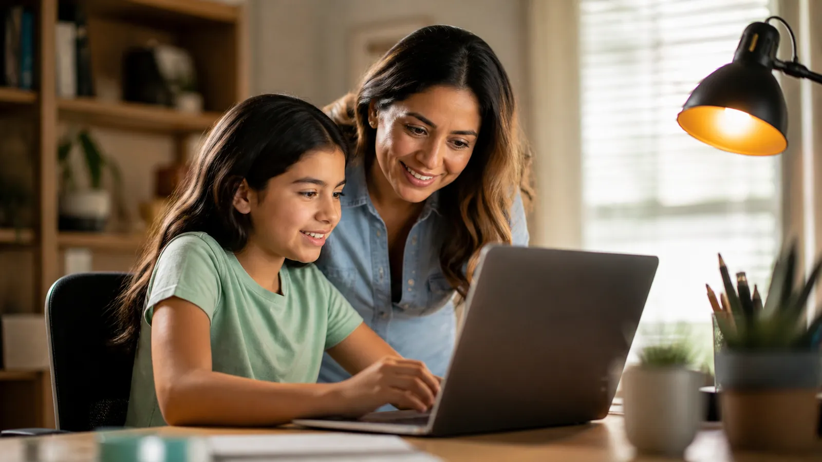 Girl doing laptop homework at a neat desk while her mother leans in, both smiling