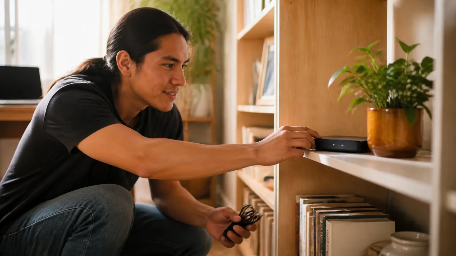Young man installing a small router on a bright bookshelf in his tidy apartment