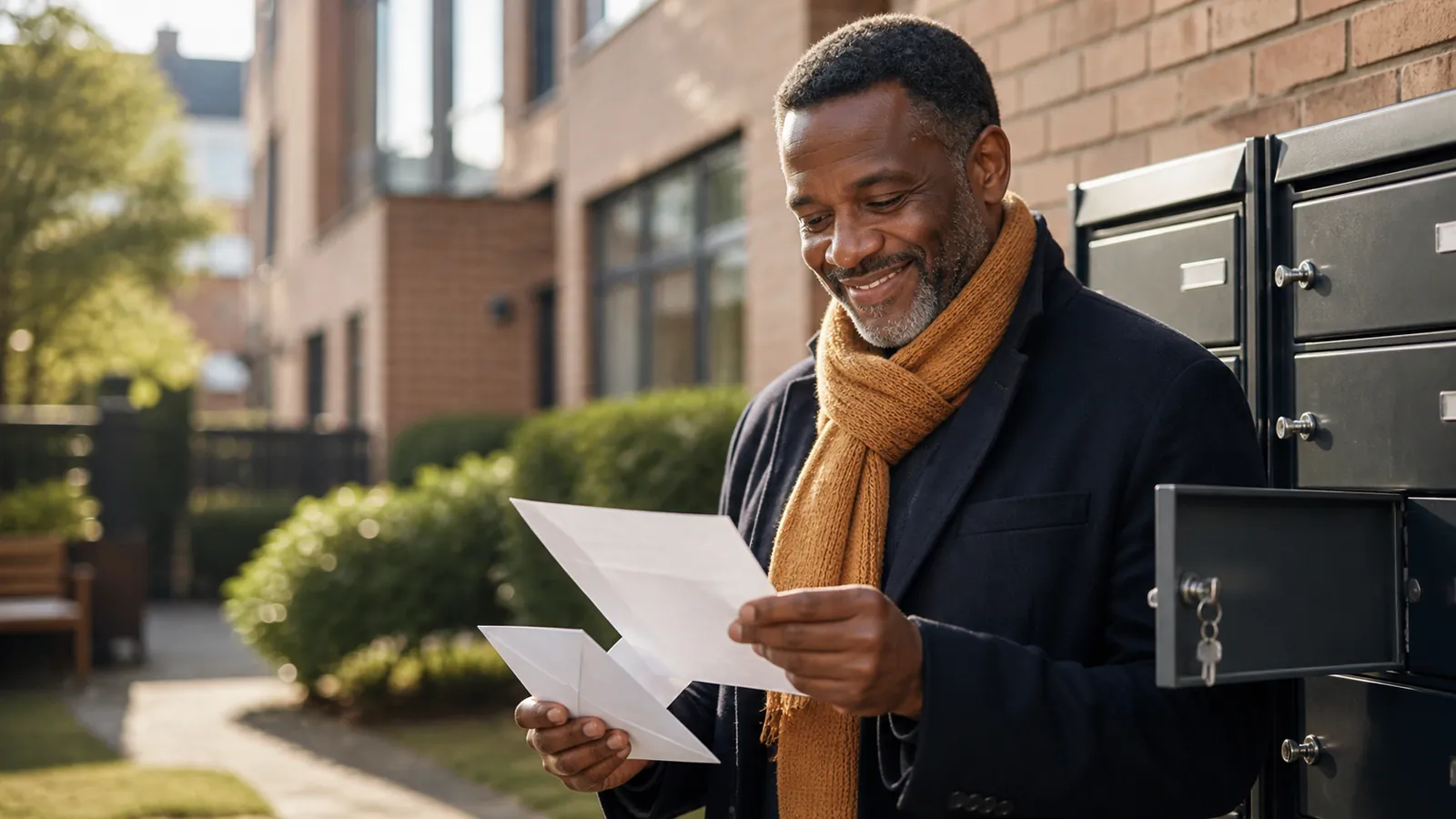 Man smiling at his opened bill by outdoor apartment mailboxes on a bright day