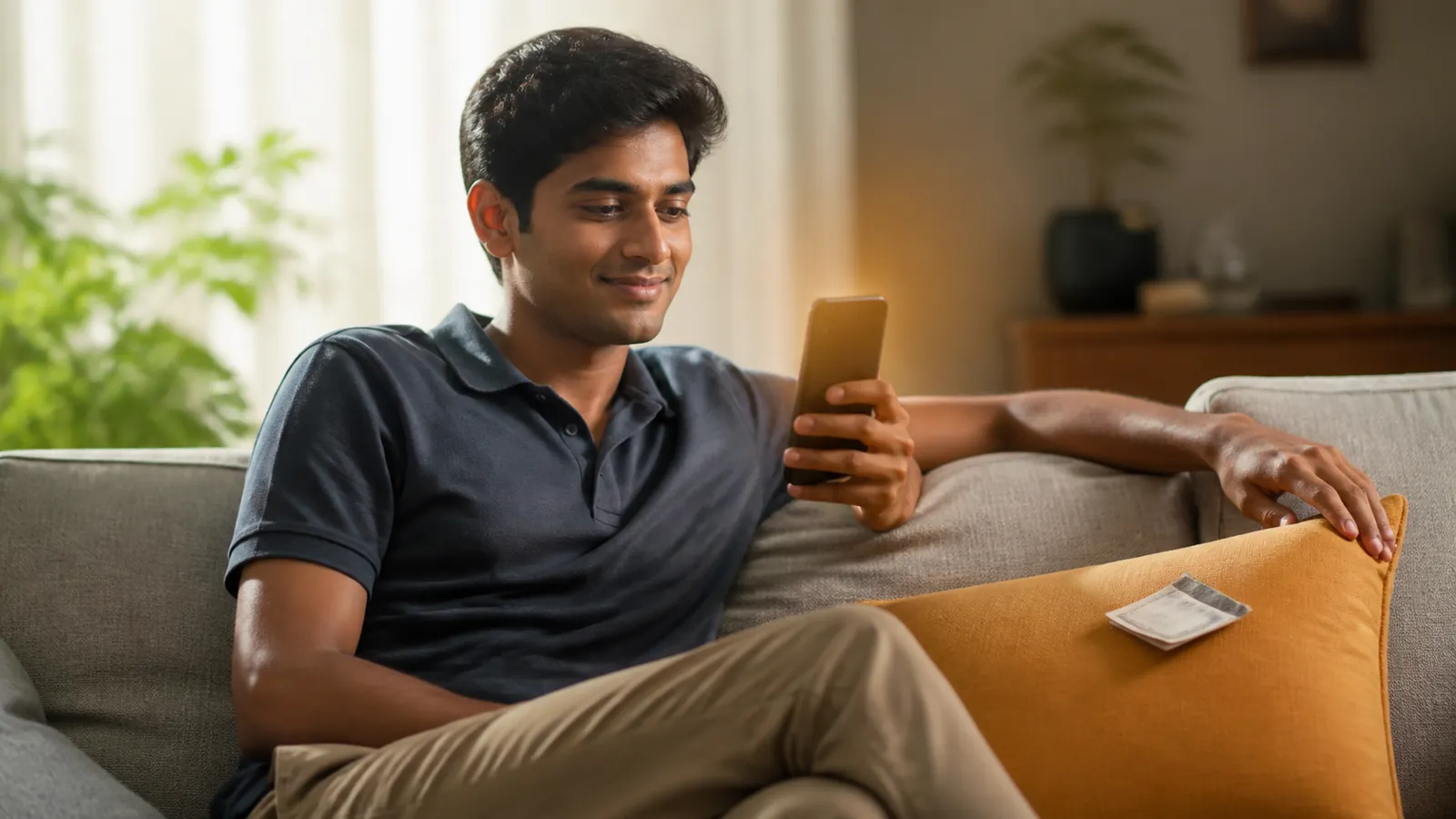 Young man on a sunny couch comparing phone plans, smiling at his phone