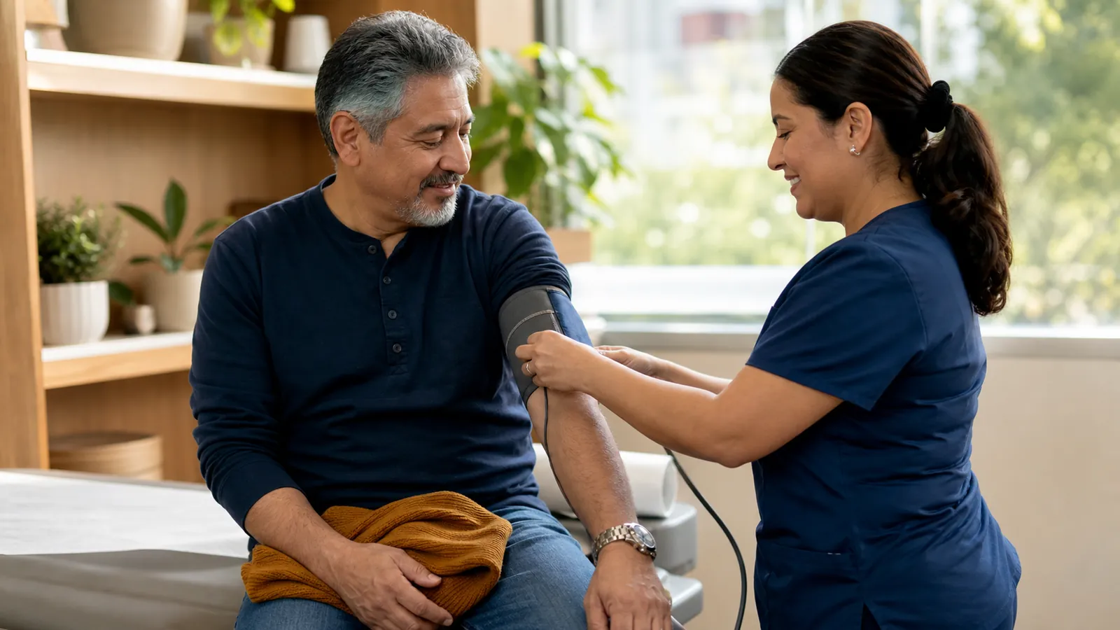 Man having his blood pressure checked by a friendly nurse in a bright clinic exam room