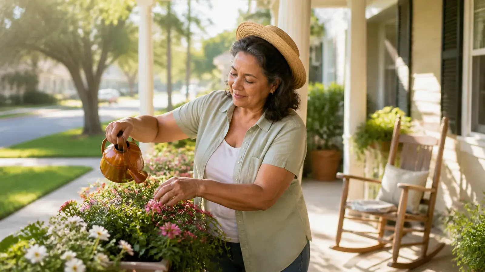Older woman happily tending porch flower boxes with a watering can in morning light