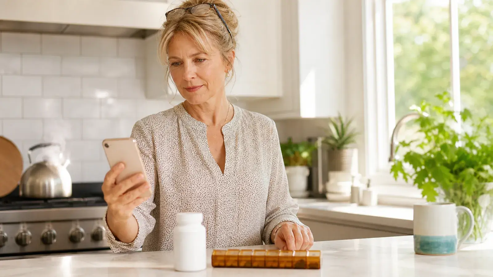 Woman checking a prescription price on her phone at a sunny counter with a pill organizer