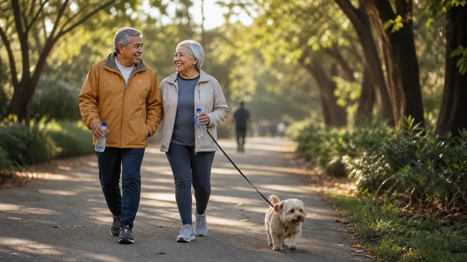 Older couple walking briskly with their small dog on a sunny tree-lined park path