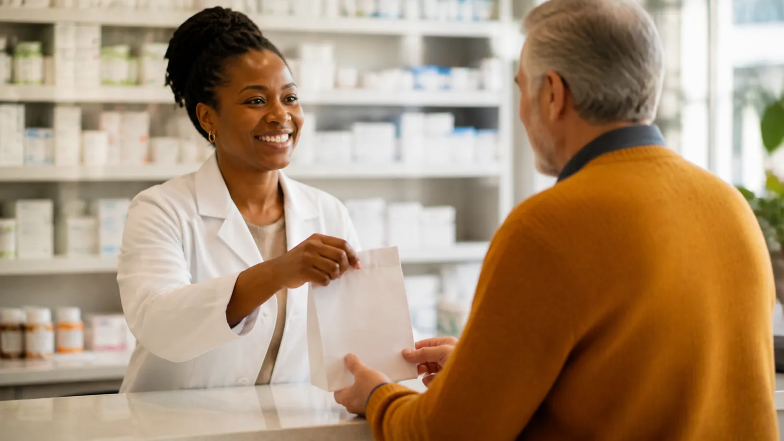 Pharmacist handing a white pharmacy bag to a smiling older man at a bright counter