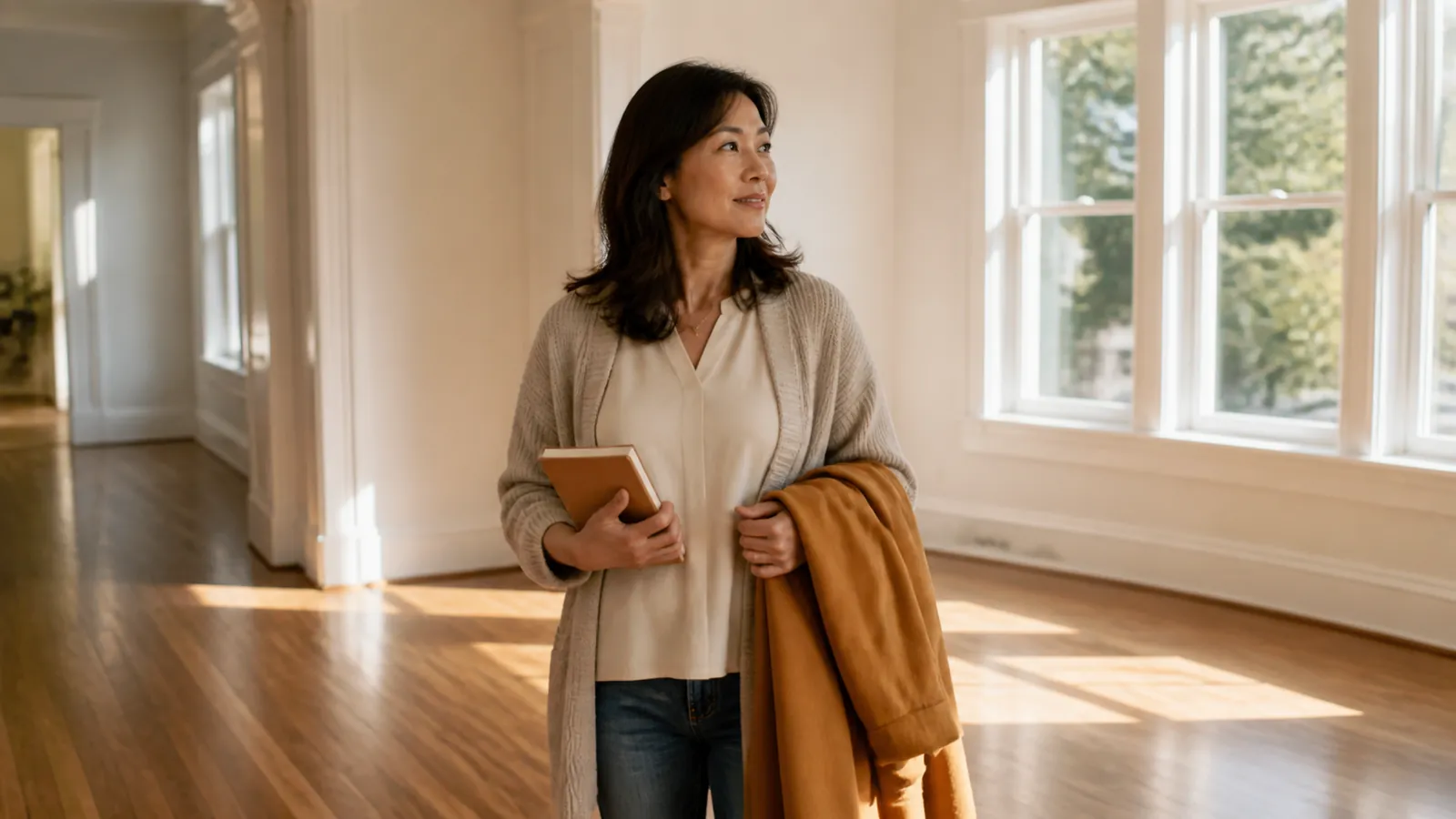 Woman touring a bright empty apartment with a notebook, taking in the sunlit room