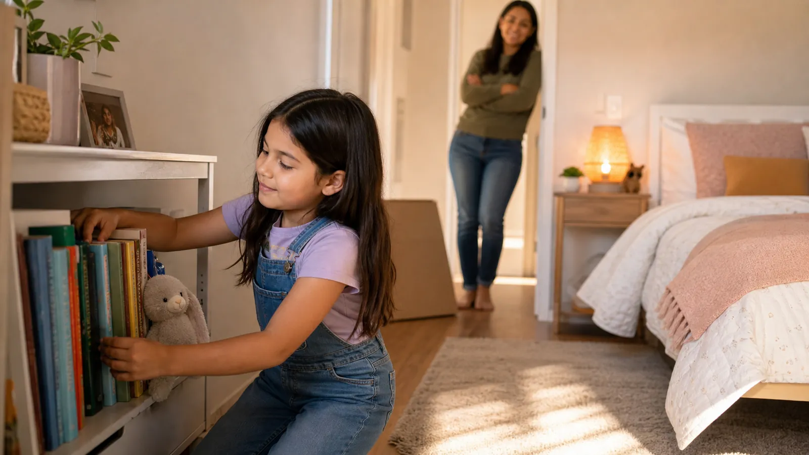 Girl arranging books in her bright new bedroom while her mother watches from the doorway