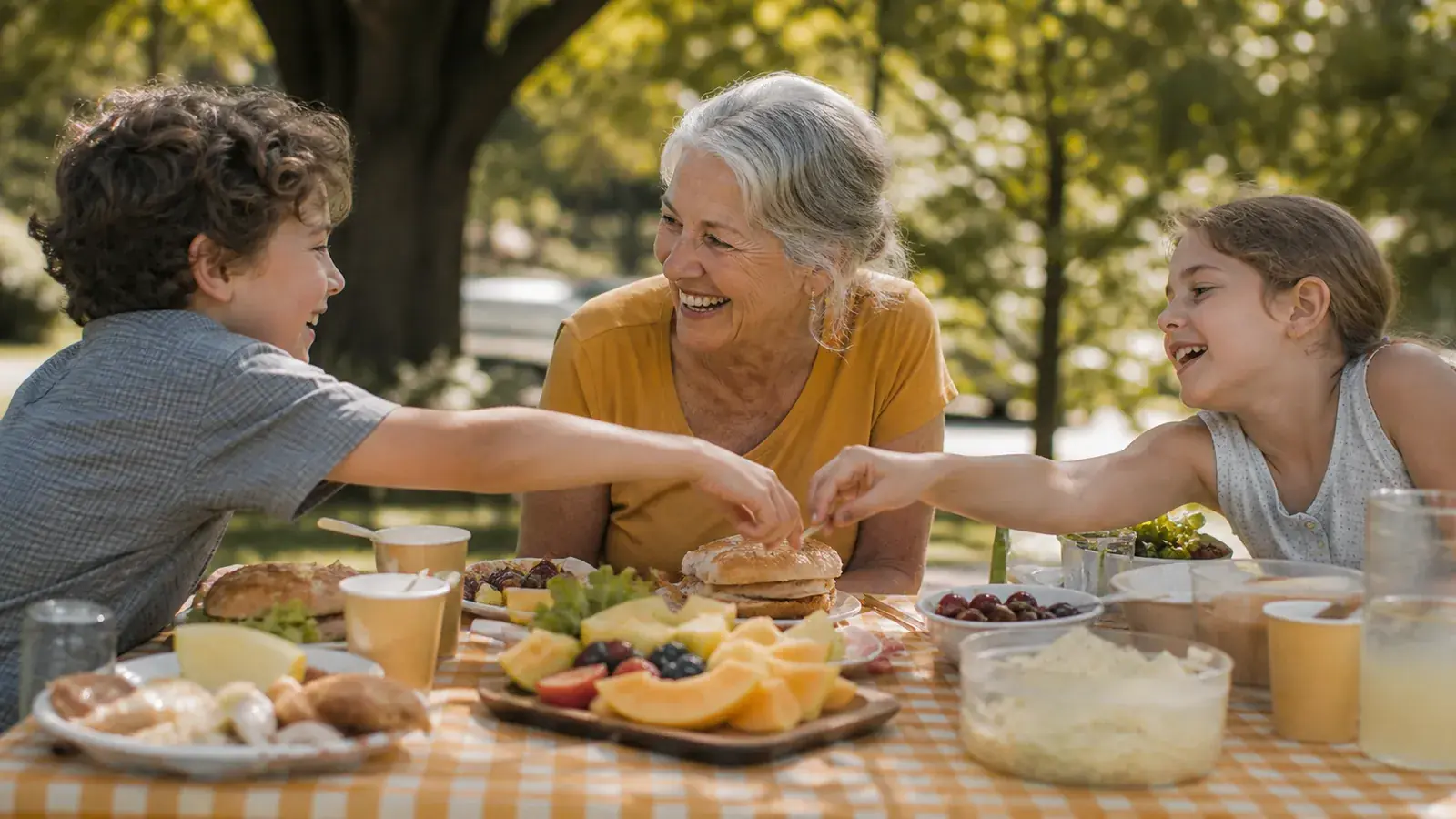 Grandmother and two grandchildren sharing a plentiful picnic at a sunny park table