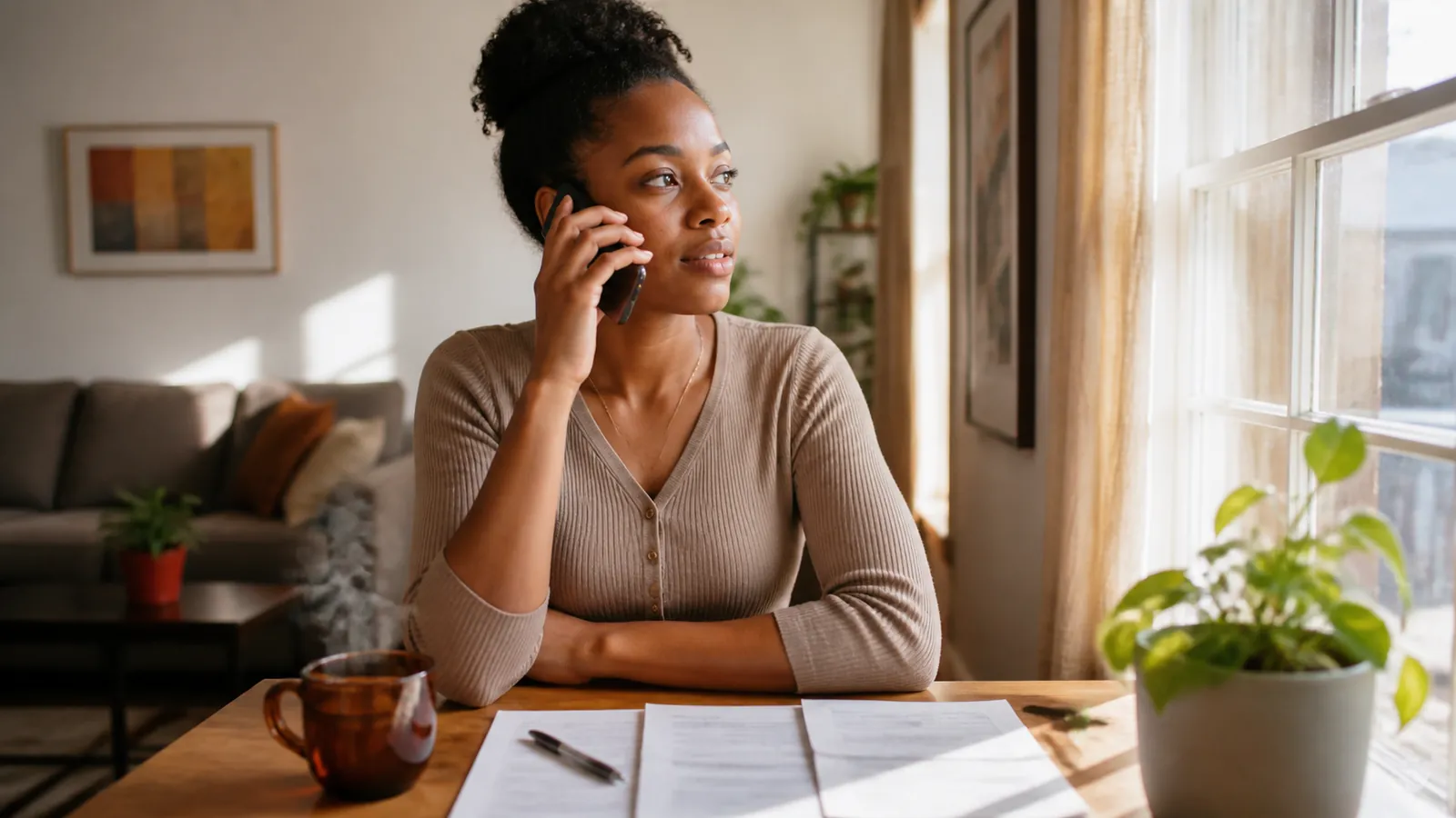 Woman calmly handling a benefits phone interview at a sunlit desk with papers neatly arranged