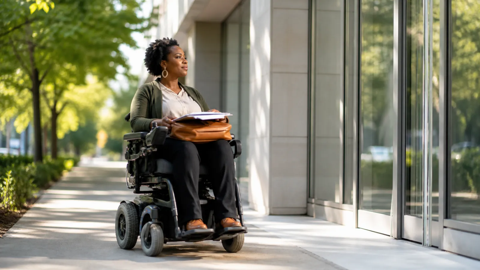 Woman in a power wheelchair arriving at a bright building entrance with her documents ready