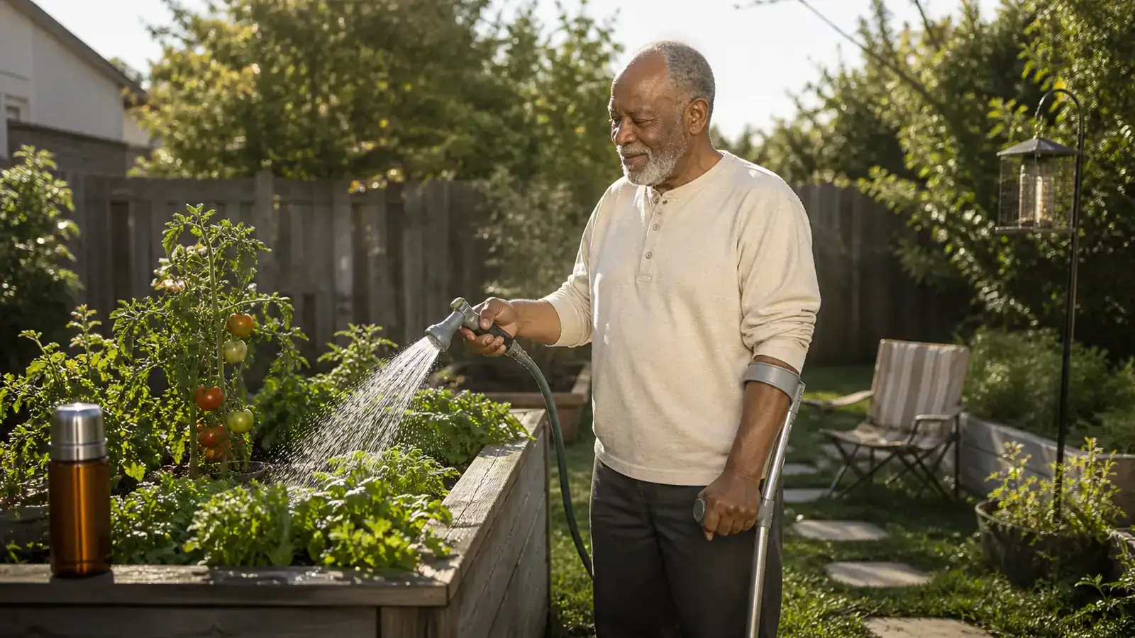 Man with a forearm crutch contentedly watering raised garden beds in his sunny backyard