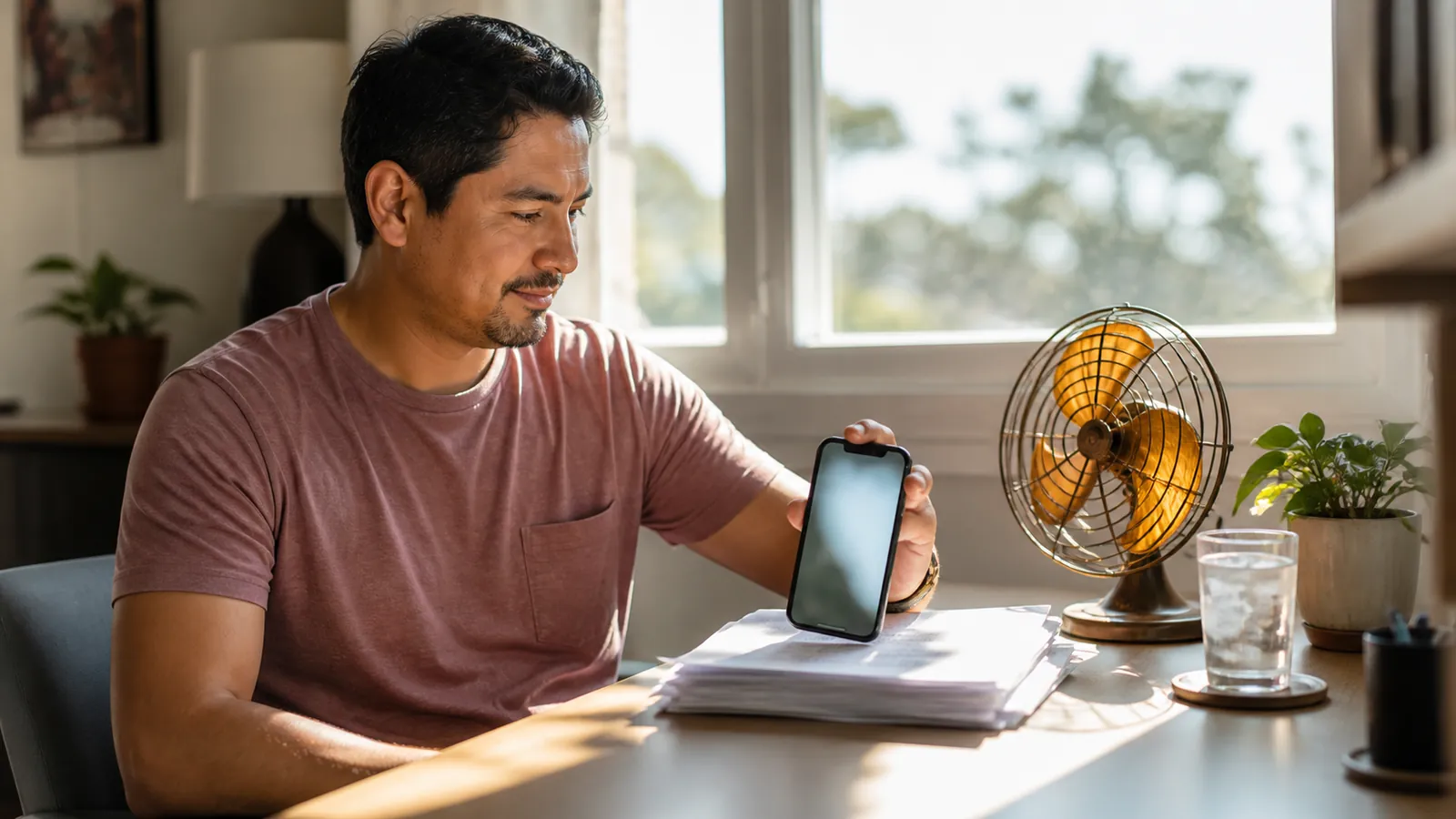 Man photographing pay stubs with his phone at a bright Texas home desk, fan turning beside him
