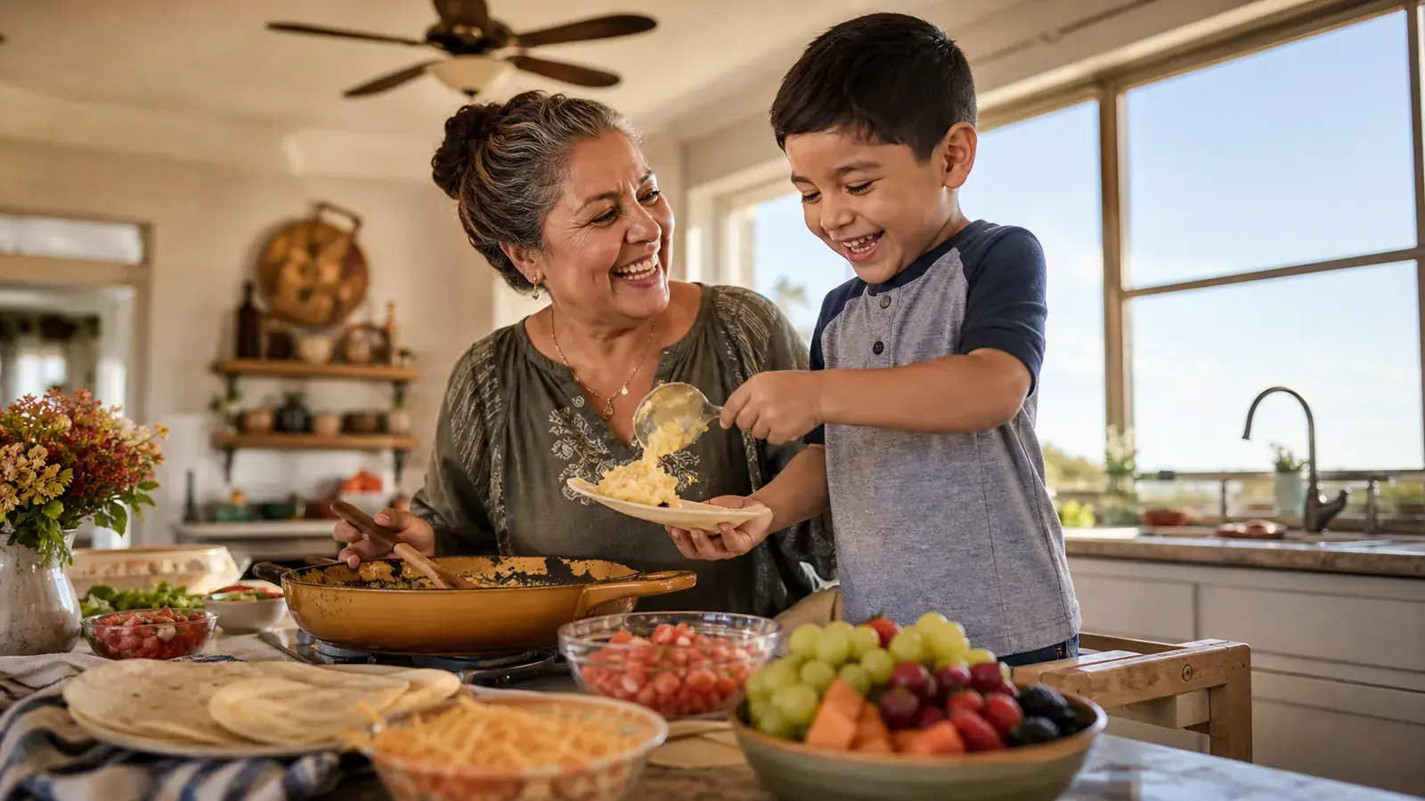Grandmother and grandson laughing while making breakfast tacos in a bright Texas kitchen