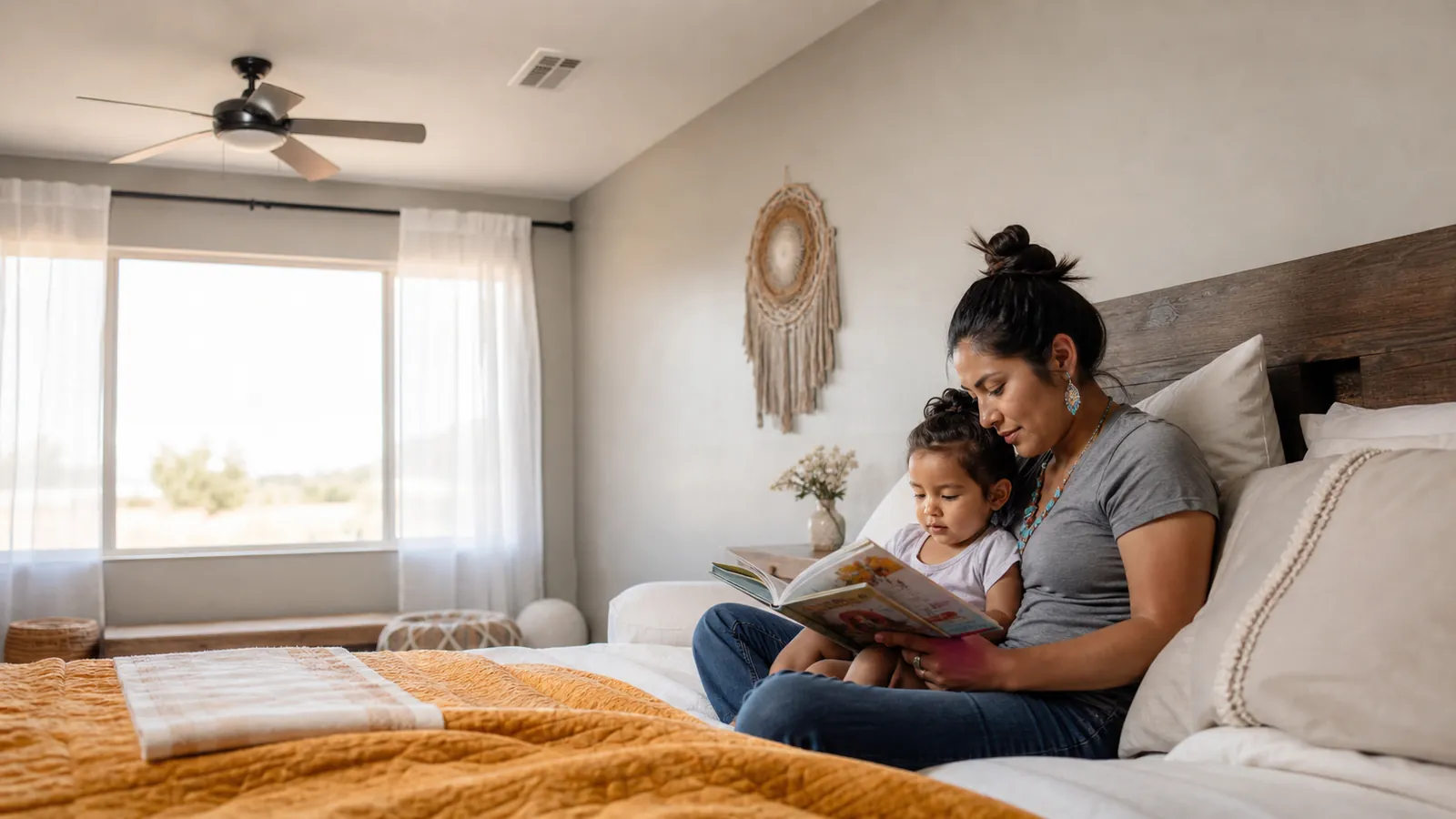 Mother reading to her toddler on a cool bed under a ceiling fan on a hot Texas day