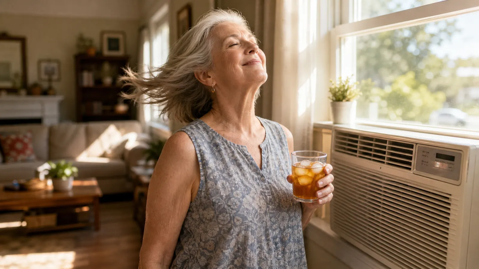 Woman cooling off by a window air conditioner in bright Texas summer light, iced tea in hand