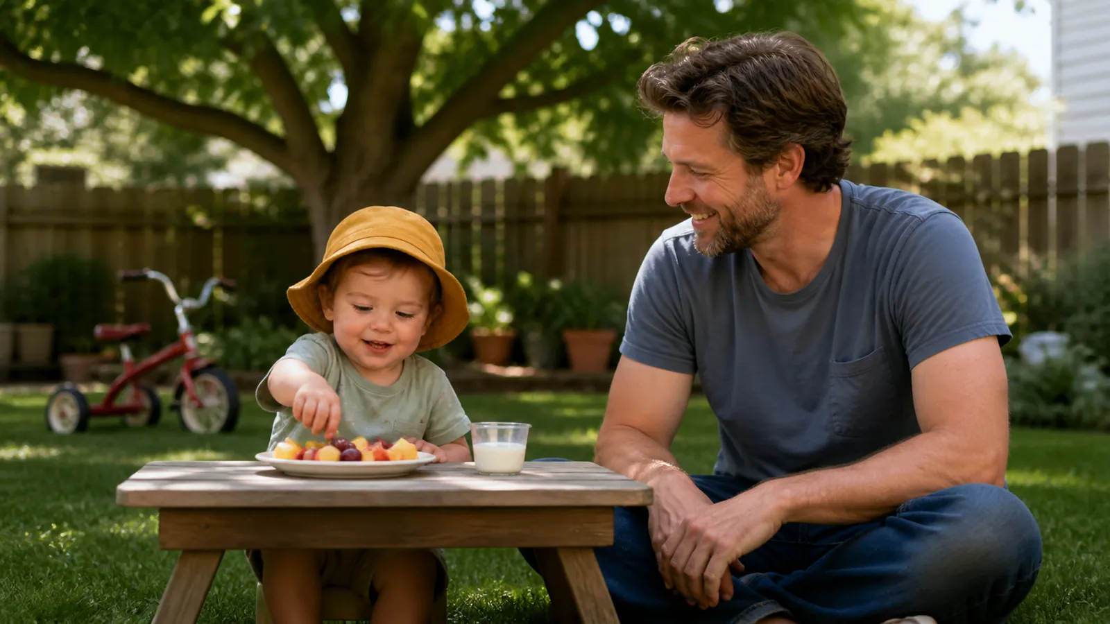 Father watching his toddler happily eat fruit at a low table in a sunny backyard