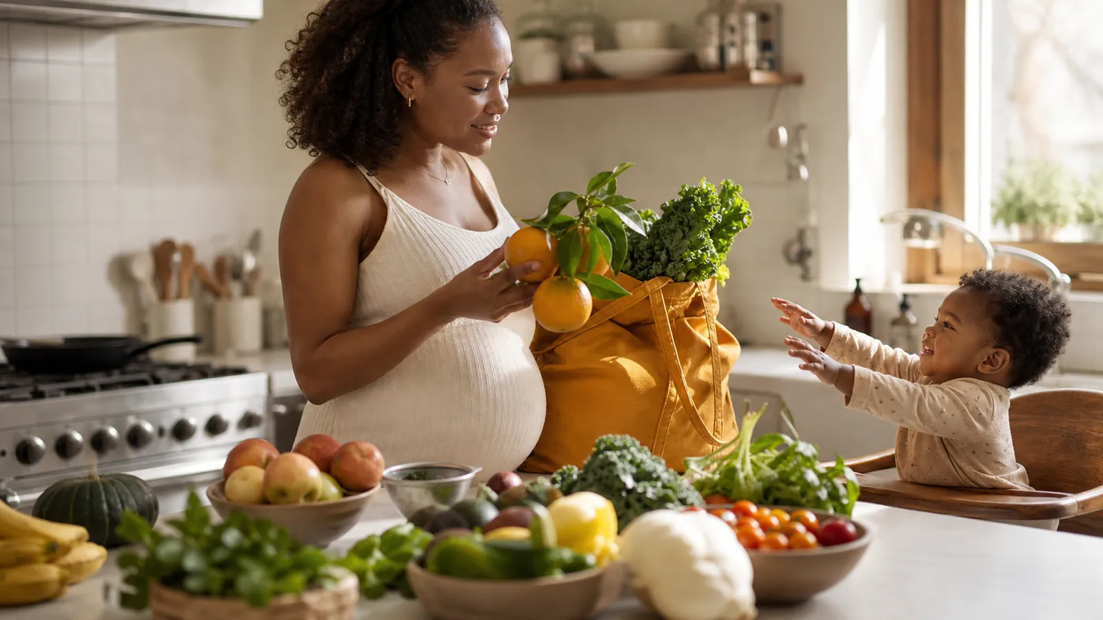Pregnant mother unloading fresh produce from a canvas tote as her toddler reaches from a high chair